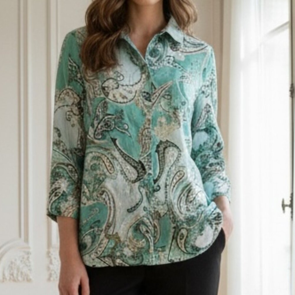 Chico's Green Paisley Linen Button Down Top 2